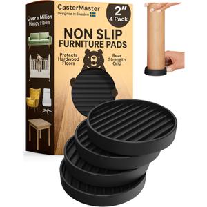 CasterMaster Non Slip Furniture Pads for Hardwood Floors - 2x2 Black Round Caster Cups, Rubber Feet, Couch Stoppers to Prevent Sliding, Sectional Couch Connectors - Set of 4 Furniture Casters