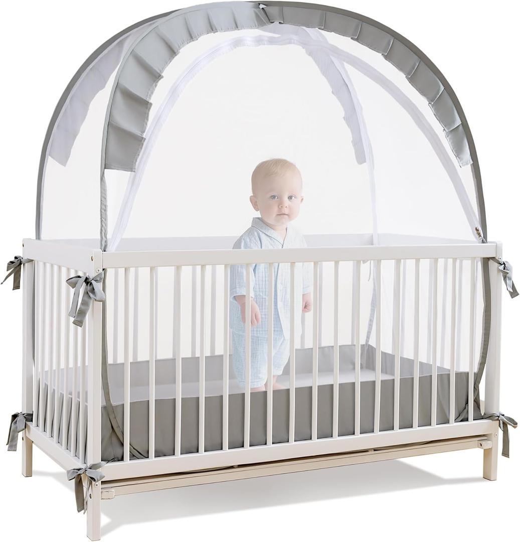 Lazyzzzz Baby Crib Tent - Pop Up Crib Canopy with Double Zipper Self-Locked,1200 Holes/Inch Mesh Crib Net to Keep Baby from Climbing Out, Portable Easy Install 55" L x 27" W x 51" H Grey (Gray)