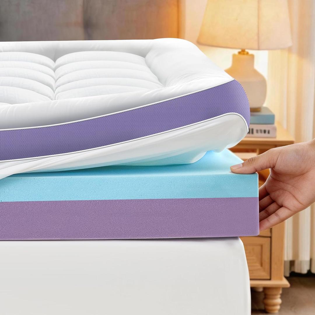 5 Inch Dual Layer Memory Foam King Mattress Topper - 2'' Pillow Top Mattress Pad for Back Pain and 2'' Support Foam & 1'' Cooling Gel Memory Foam, Extra Thick Medium Support Bed Topper