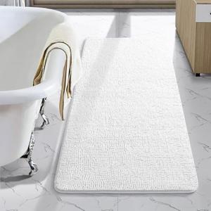LOCHAS Luxury Bathroom Rug Shaggy Bath Mat 24 x 40 Inch, Washable Non Slip Bath Rugs for Bathroom Shower, Soft Plush Chenille Absorbent Carpets Mats, White