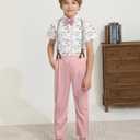 DISAUR Boys Suits 3 Pieces Formal Dress Shirt with Bowtie+Suspender Pants Boy Gentleman Outfits Set (Pink, 4-5T)