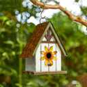 Glitzhome Bird Houses for Outside, Blue Bird Houses for Outdoors, 8.25" H Solid Wood Decorative Hanging Bird House Distressed Cottage Outdoor Garden Birdhouse with 3D Metal Roof and Flower