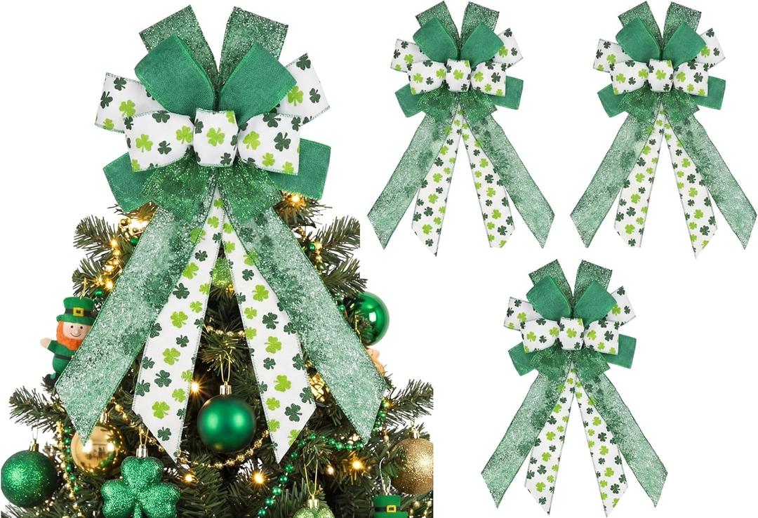 Suncalla 4 Pack Large Spring Bows for Wreath 21x11 Inch Green Shamrock Tree Topper Bow Clover Burlap Bowknot Holiday Crafts with Wired Edge for Basket Front Door Wall Outdoor Decor Ornament