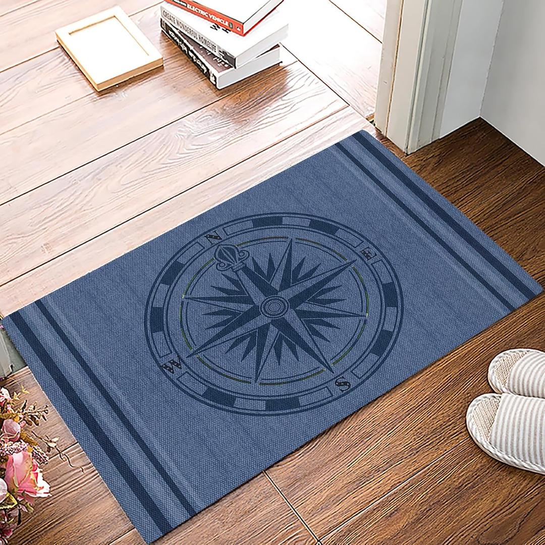 Nautical Compass Indoor Door Mat - 20"x31.5", Non-Slip Welcome Mat for Patio, Navy Blue Striped Coastal Compass Front Door Rug for Entry, Low-Profile Doormat Entrance Rug for Kitchen/Bathroom