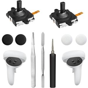 Joystick Replacement Kit for Oculus Quest 2/3 Controller, Repair Kit for Meta Quest 2/3 Controller, Include 2 Joysticks, T5 Screwdriver, Tweezer, Pry Tool, 4 Thumbstick Grips (Black-11-in one)