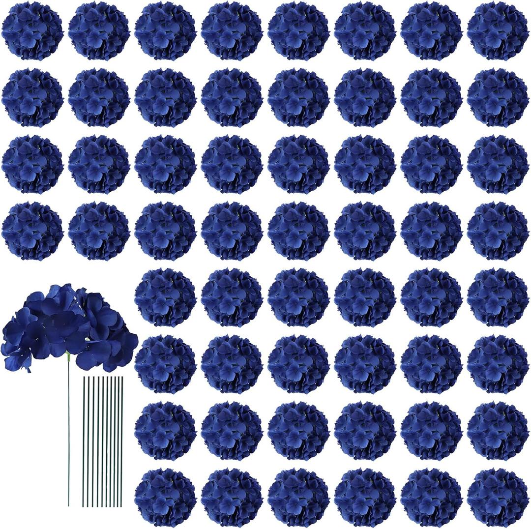 AVIVIHO 65pcs Fake Flowers Navy Blue Hydrangea Artificial Flowers Bulk (Not Squished, No Steaming Need) Silk Flowers with Stems for Wedding Decor,Home,Baby Shower,Table Centerpieces Decoration (Medium)