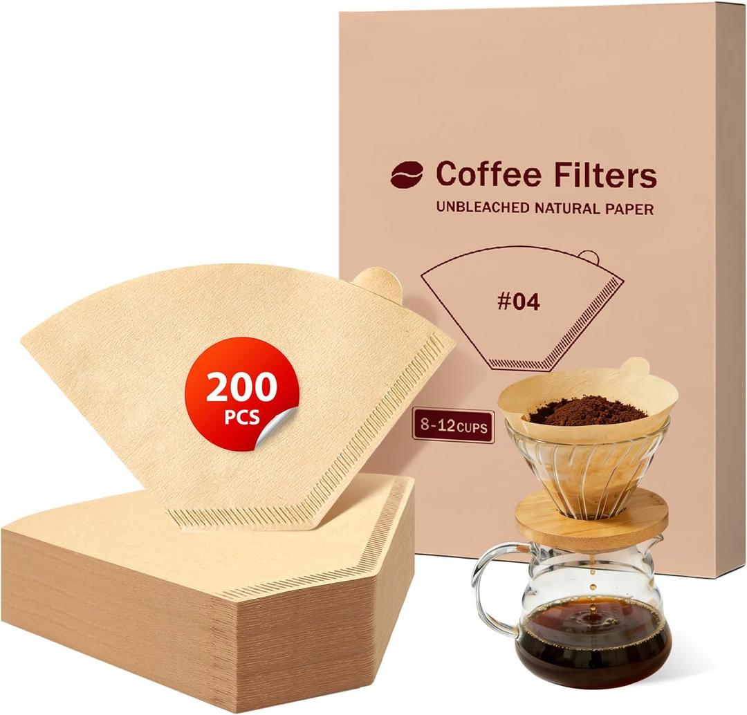 200 Count Coffee Filters #4, Disposable Cone Coffee Filters 8-12 Cup, Unbleached Natural Paper Size 04 Paper Filters for Pour Over and Drip Coffee Maker