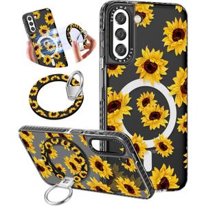 Toycamp for Samsung Galaxy S22 Plus Case - Compatible with Magsafe Cute Design 360Magnetic Ring Holder Stand Kickstand Sunflower Girly Pretty Fashion Phone Covers for Women Teen Girls