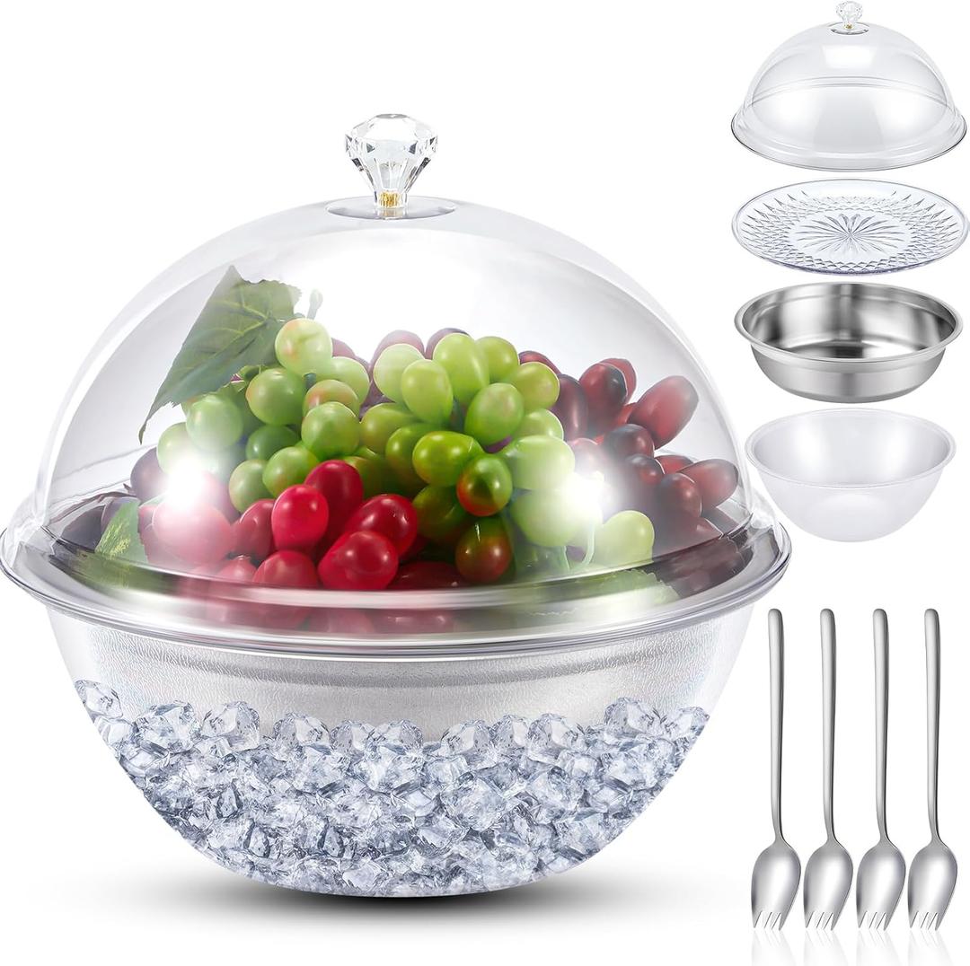 Iced Salad Bowl Large Chilled Serving Bowl 4 Tier Cold Serving Tray Dishes with Lids Veggie Platter with 4 Spoons for Party Buffet to Keep Fruit Food Potato Pasta Cold(26 cm)