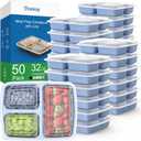 50 Pack (100-Piece) 32 oz Meal Prep Containers Reusable with Lids 3-Compartment, To Go Take Out Plastic Food Storage Containers, Sturdy Leakproof Food Safe, Microwave Freezer Dishwasher Safe, Blue