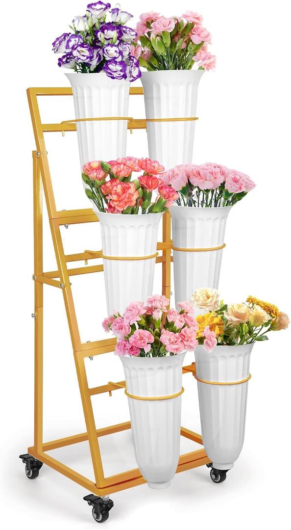 Flower Display Stand With 6 Buckets,Flower Bar with Wheels,Flower Cart Display Stand for Florist Garden Wedding Home Decor (Gold)
