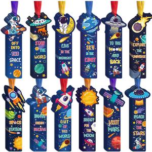 120 Pcs Space Bookmarks Bulk Planet Rocket Space Ship Theme Bookmarks Outer Space Inspirational Quotes Cards Valentines Gifts for Classroom Office Birthday Party Prizes Favors, Space