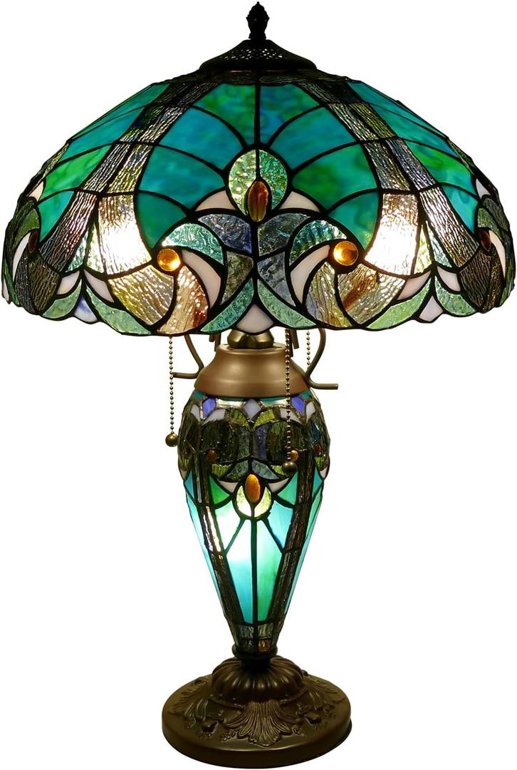 Tiffany Style Table Lamp 16 Inch Wide Green Tiffany Lamp Handmade Stained Glass Lamp 24" Tall Mother-Daughter Style Desk Reading Light Decor for Bedroom Living Room Home Office
