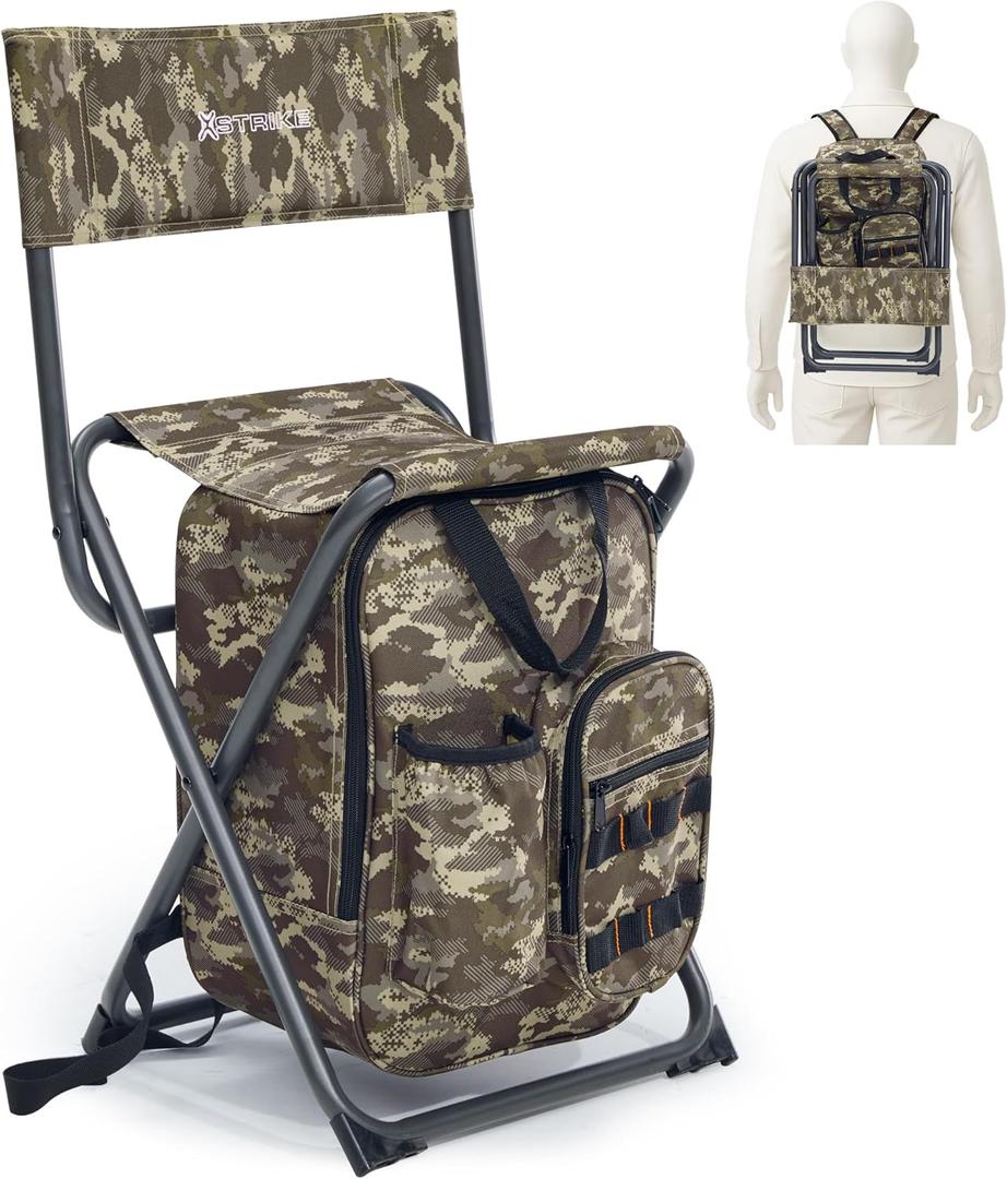 X Strike Fishing Chair with Cooler and Backrest, Folding Backpack Chair for Adults up to 350 lbs, Fishing Stools Portable for Outdoor, Camping, Hiking