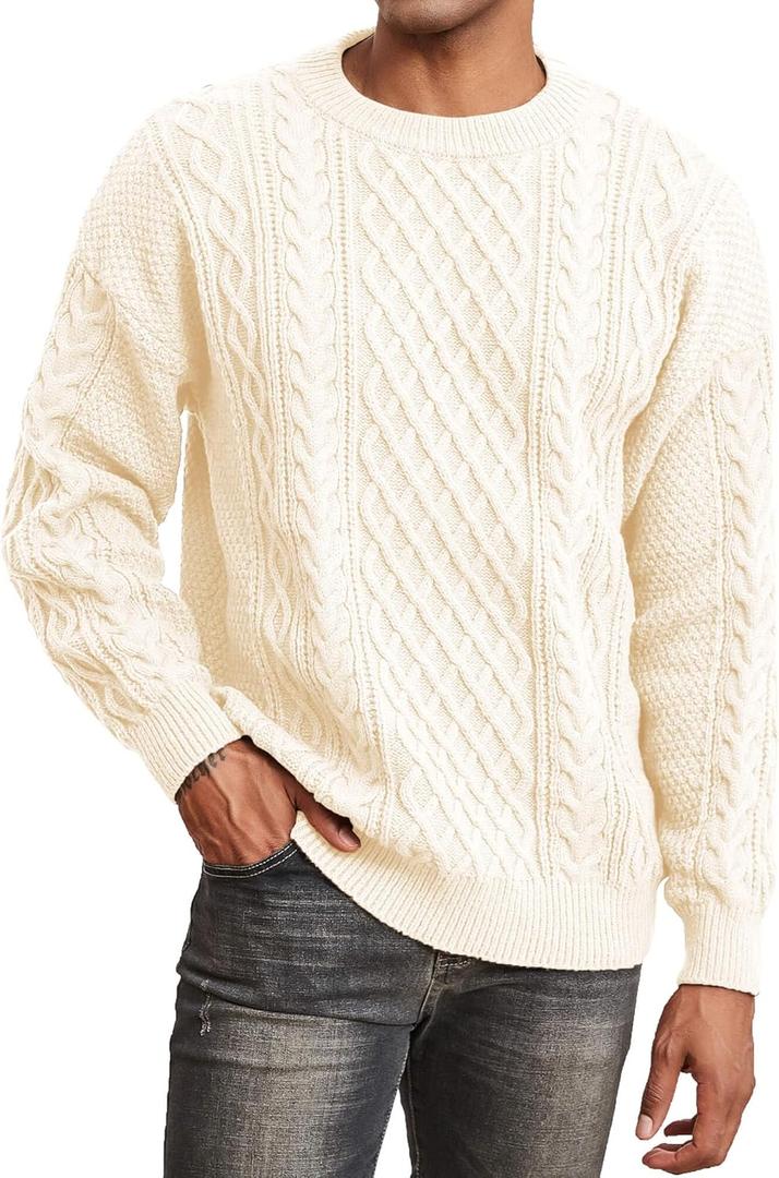 Men's Knit Sweater Crewneck Loose Fit Casual Twist Patterned Textured Long Sleeve Cable Knitted Pullover (Beige), XXL