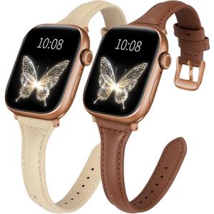 2 pack Slim Leather Bands Compatible with Apple Watch Band 38mm/40mm/41mm/42mm (series 11 10) Women,Top Layer Genuine Leather Strap for iWatch Series 11/10/9/8/7/6 5/4/3/2/1/SE/Ultra