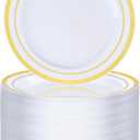 BESTVIP 100PCS Gold Plastic Plate, 7 Inch Disposable Dessert Plate Party with Gold Rim, Heavy Duty Disposable Plastic Plates for Party, Wedding and Birthday