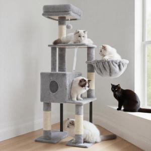 Heybly Cat Tree, 49.2 Inches Cat Tower for Indoor Cats, Spacious Cat House Condo with Hidden SpaceSturdy Steel TubeSoft Plush Top PerchCozy Hammock and Sisal Scratching Posts, Light Gray HCT200SW