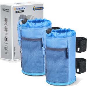 GEARV 2Pack Cup Holder for Bike, Scooter and Wheelchair, Water Bottle Holder for UTV/ATV, Walker, Golf Cart and Beach, Universal Drink Holder Accessories with Net Pocket and Cord Lock (Ocean Blue)