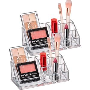 Amazing Abby - Tiffany - 2-Pack Acrylic Cosmetic Organizer, Transparent Plastic Makeup Holder, Compartmented, Shatter-Proof, Perfect Bathroom Vanity Storage Solution for Beauty Supply, Small
