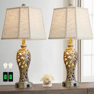 Vintage Table Lamps Set of 2 for Living Room Bedroom, 2 USB Ports 25'' Rustic Farmhouse Desk Lamp with Nightlight, Iron Gray Hollow Out Resin Lamp for End Table (Bulbs Included)
