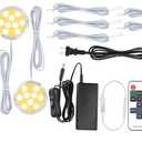 Under Cabinet LED Puck Lights Kit, Curio Display Lighting, Parallel Connection, 120VAC Wall Plug & Hard Wire, Remote Control Dimmable, Warm White, 4 Lights