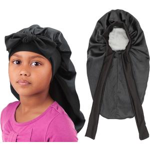 Kids Braid Long Bonnet Girls Satin Bonnet Sleeping Cap Double Layer with tie Band Silk Hair Bonnet for Toddler Child