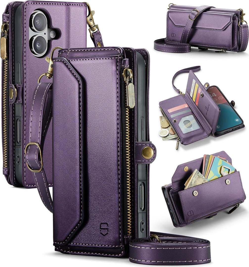 Strapurs Wallet Case Compatible with iPhone 16 6.1" RFID Blocking 7-Card Holder Soft PU Leather Magnetic Snap Shoulder Strap Zipper Pocket Phone Case Fit for iPhone 16 for Women - Purple
