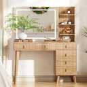 Large Makeup Vanity Desk with Mirror and Lights, Vanity Desk with 6 Drawers & Storage Shelves, Vanity Table with Power Outlet, 3 Color Modes & Adjustable Brightness Dressing Table, Bedroom,Wood