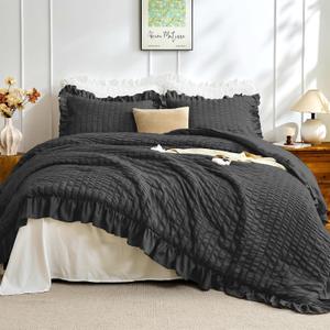 JOLLYVOGUE Black Comforter Full Size, 3 Pieces Seersucker Lightweight Full Size Bedding, All Season Fluffy Microfiber Bedding Comforter Set with 1 Ruffle Comforter and 2 Ruffle Pillowshams