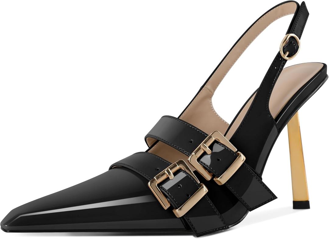 Mettesally Women Slingback Heels Pumps Shoes High Heels Stilettos Square Toe for Women Dressy Shoes 4'' (9.5, Black)