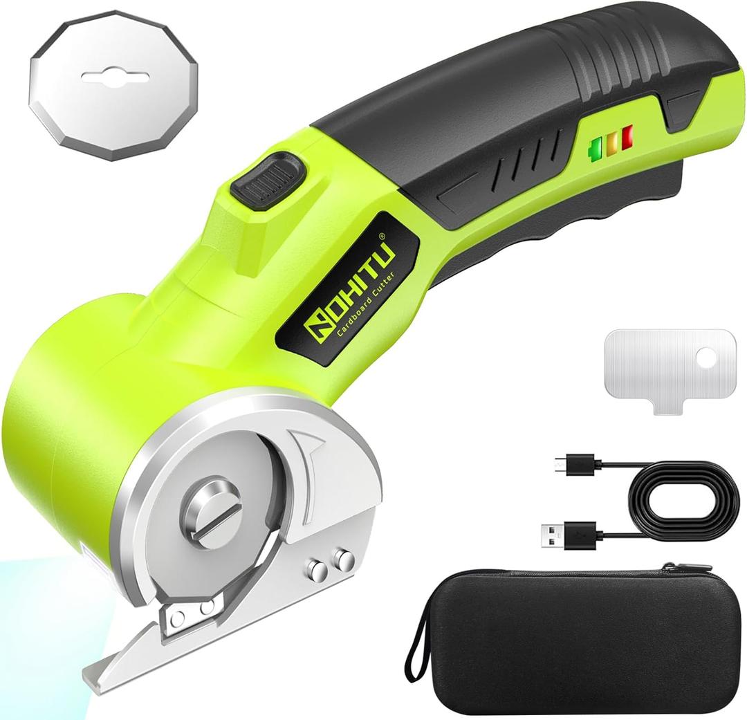Cordless Electric Scissors: 4V Rechargeable Rotary Cardboard Cutter, 3000mAh Battery, with LED Light & Safety Lock, 2 Blades, Electric Box Cutter for Fabric Carpet Carton Plastic Leather Cloth (Green)