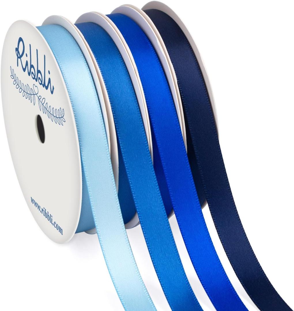 Ribbli Blue Satin Ribbon 3/8 Inch x 4 Rolls Total 40 Yards- Baby Blue/Royal Blue/Electric Blue/Navy Ribbon for Wrapping and Craft