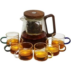Heat - Resistant Glass Teapot Set with 6 Cups, Press - Type Removable Tea Infuser for Easy Brew & Separation, 800ML/27oz