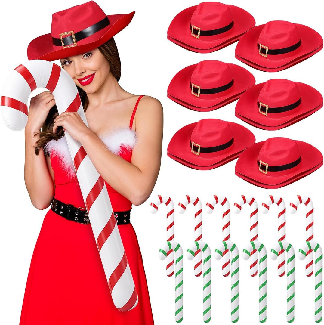 Xtinmee 12 Pcs Christmas Cowboy Hat 12 Pcs 35" Large Inflatable Candy Canes Santa Claus Cowgirl Hat Candy Canes Balloons Xmas Adults Unisex Xmas Cap for Christmas Costume Party Supplies Decorations
