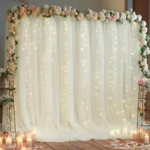 10x10ft Ivory Tulle Backdrop Curtain with Lights String for Parites, Sheer Backdrop Curtains for Wedding Baby Shower Birthday Party Photo Shoot Decorations (10ft x 10ft(2 Panels 5*10ft))