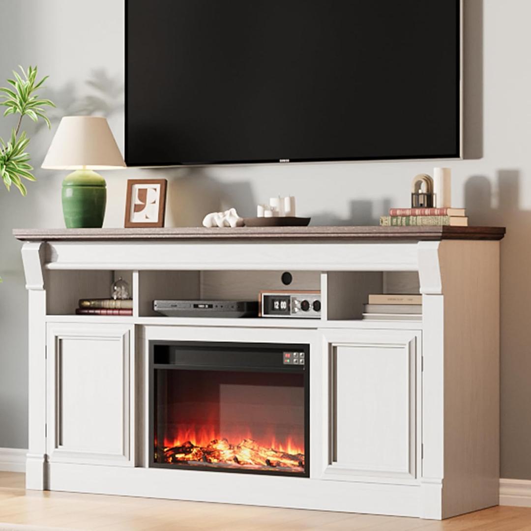 GarveeHome 58" Farmhouse Electric Fireplace TV Stand for TV Up to 65", Entertainment Center with 30'' Fireplace, Console Table TV Cabinet with Open Storage Shelves for Living Room (White)