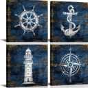 KLVOS Nautical Canvas Wall Art Navy Blue Boat Anchor Paintings Helm Drawing Compass Lighthouse Rustic Style Beach Home Decor Ready to Hang for Bathroom Living Room 12x12 Inchx4 Panels, 12x12inchx4pcs