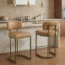 26" H Counter Height Bar Stools Set of 2, Modern Faux Leather Upholstered Barstools with Backrest for Kitchen Island, Gold Metal Frames, Brown