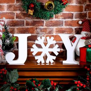 Soaoo 3-Piece Wooden Snowflake Block Letters Distressed White Tabletop Signs for Home Decor Xmas Table Decorations