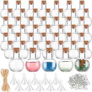 Bokon 25 Pack 1oz Plastic Mini Potion Bottles with Corks Spherical Small Sand Art jar Tiny Clear Ball Shape Liquor Bottles Bulk Wishing Vial for Birthday Halloween Party Favor DIY Craft (1.4x1.6 Inch) (Round)