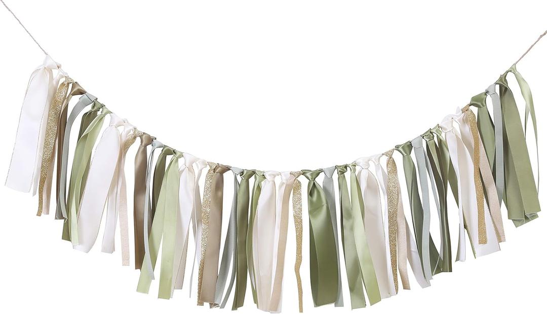 Olive Green Birthday Background Banner - Gender-neutral baby baptism, woodland first birthday decoration, ivory, gold ribbon garland decoration and birthday decoration, photo booth photo props. (Sage)