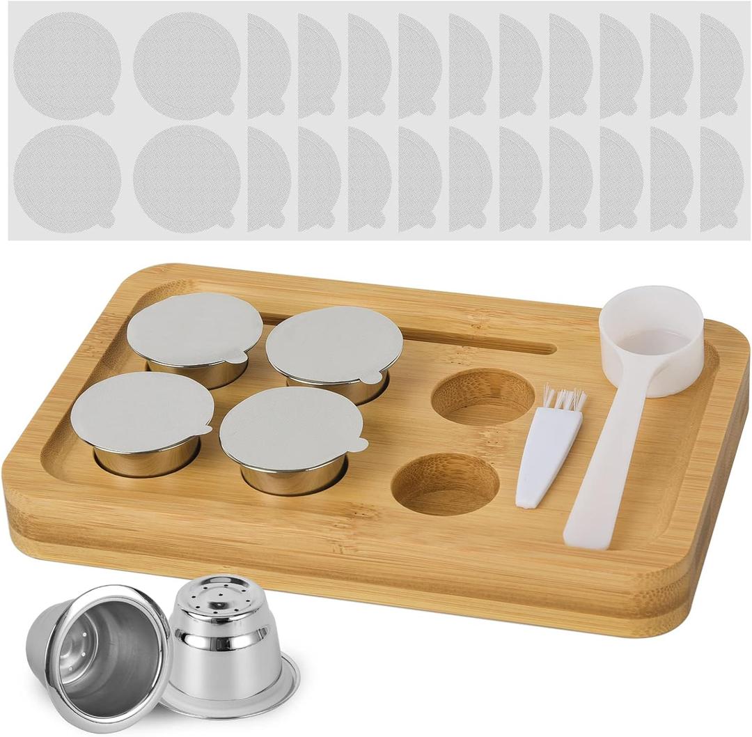 Reusable Capsules for Espresso OriginalLine, 6pcs Espresso Refillable Pods Stainless Steel Coffee Pods Compatible for Nespresso Originaline Machine(6 Pods+100pcs Lids+ Bamboo Storage Tray)