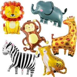 3 x 6 Pcs Giant Safari Animal Balloons, Lion Zebra Giraffe Monkey Elephant Leopard Foil Mylar Balloons for Wild One 1st Birthday Party Decorations, Jungle Zoo Theme Baby Shower Supplies