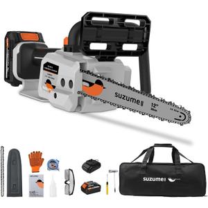 SUZUME Battery Chainsaw 12 Inch, 21V 2x4.0Ah Batteries 2 x Chains Electric Chain saw Cordless with 33 Ft/s Powerful Cutting Auto Oiling for Pruning Fallen Tree Cleaning Wood Cutting DIY