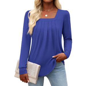 Funlingo Women's Puff Long Sleeve Tops Dressy Casual Square Neck Pleated Work Blouse Fall Trendy Tunic Flowy Chiffon Shirts (M)