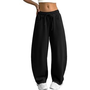 ELLEVEN Women's Cotton Barrel Leg Sweatpants with Elastic Waist, Drawstring, and Pockets  Casual Baggy Joggers (XS)