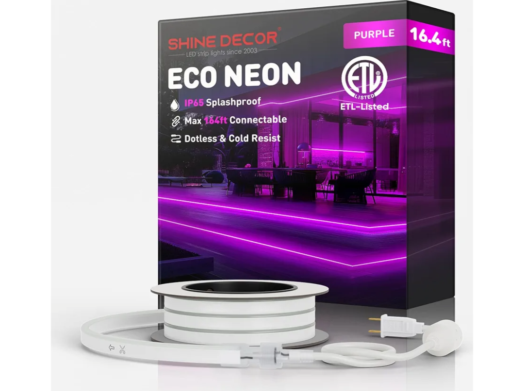 Shine Decor LED Rope Lights AC 120V, Connectable & Cuttable Dotless 120LEDs/M Eco Neon Strip Lighting, ETL IP65 Waterproof & Weather-Resistant for Home Commercial, 8x16mm, Purple, 16.4FT