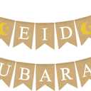Jute Burlap Eid Mubarak Banner with Moon and Star Ramadan Home Mantel Fireplace Decoration