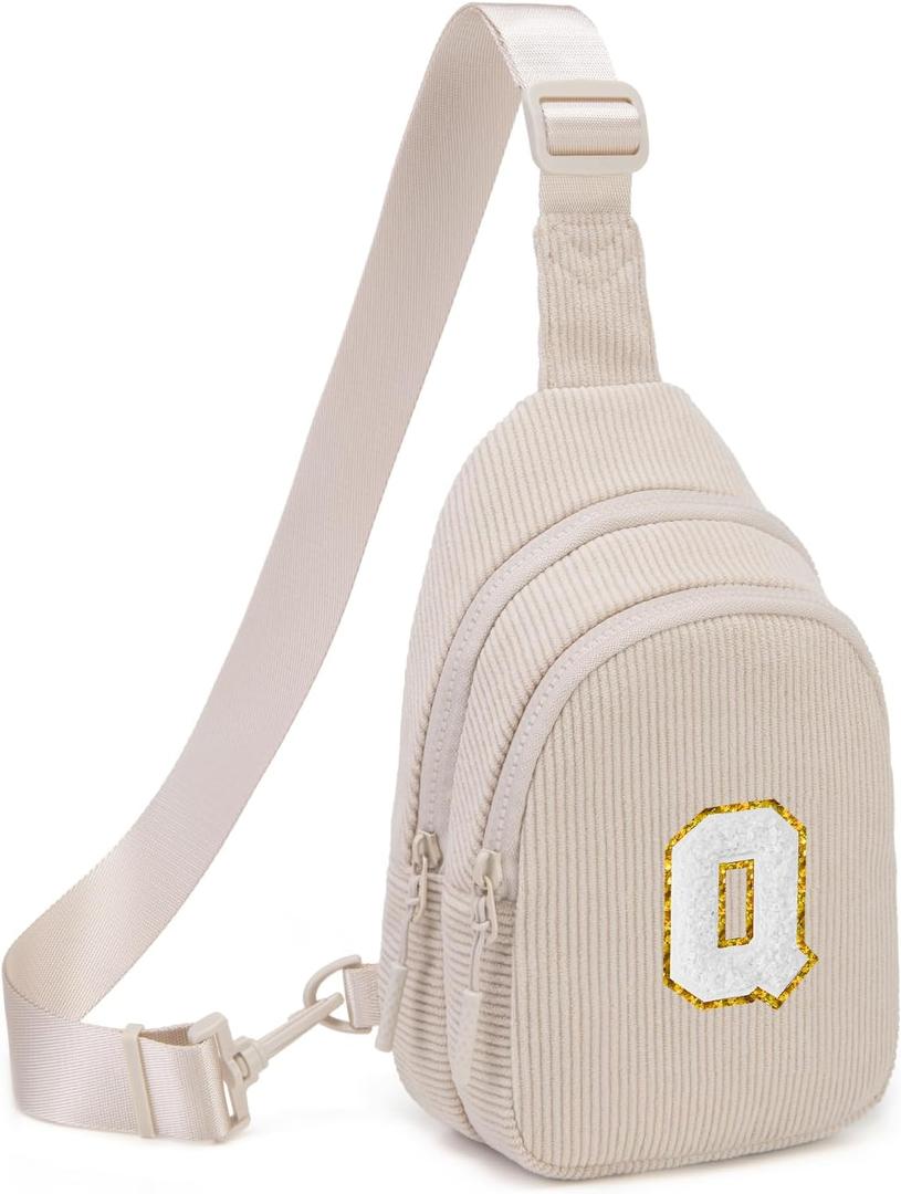 Viverte Small Corduroy Sling Bag Initial Crossbody Bag Fanny Pack for Girls Personalized Birthday Gifts for Teen Girls Gifts (Beige)